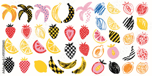 Dense collage of whimsical fruit icons including bananas, strawberries, and lemon segments utilizing diverse textures like checkerboard and scribbles on a light background.