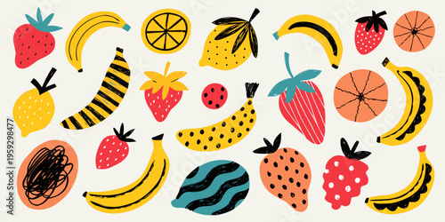 Assortment of bright, colorful, hand-drawn tropical fruits featuring bananas, strawberries, and citrus slices scattered across a textured off-white background surface.