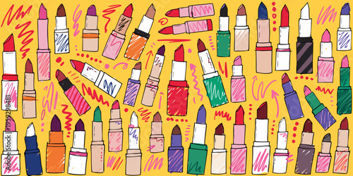 Abundance of various colorful lipstick tubes displaying different shades and packaging styles scattered randomly across a bright yellow background with doodle marks.