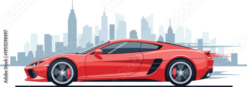 Red sports car urban city skyline modern luxury performance vehicle