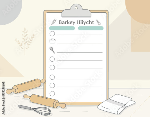 A kitchen scene with a clipboard checklist surrounded by baking utensils and tools on a table.