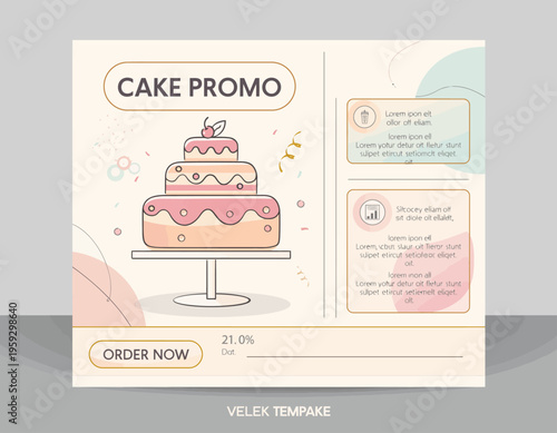 A colorful illustration of a cake on a stand with promotional text and decorations