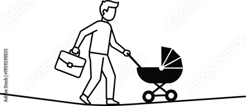 Working parent walking with baby stroller balancing career and family life