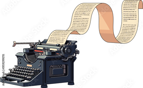 Vintage typewriter with long paper sheet retro writing and storytelling concept