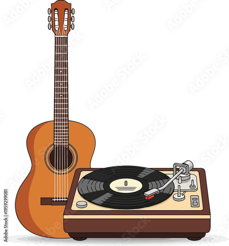 Acoustic guitar with vinyl record player retro music instruments isolated on white background