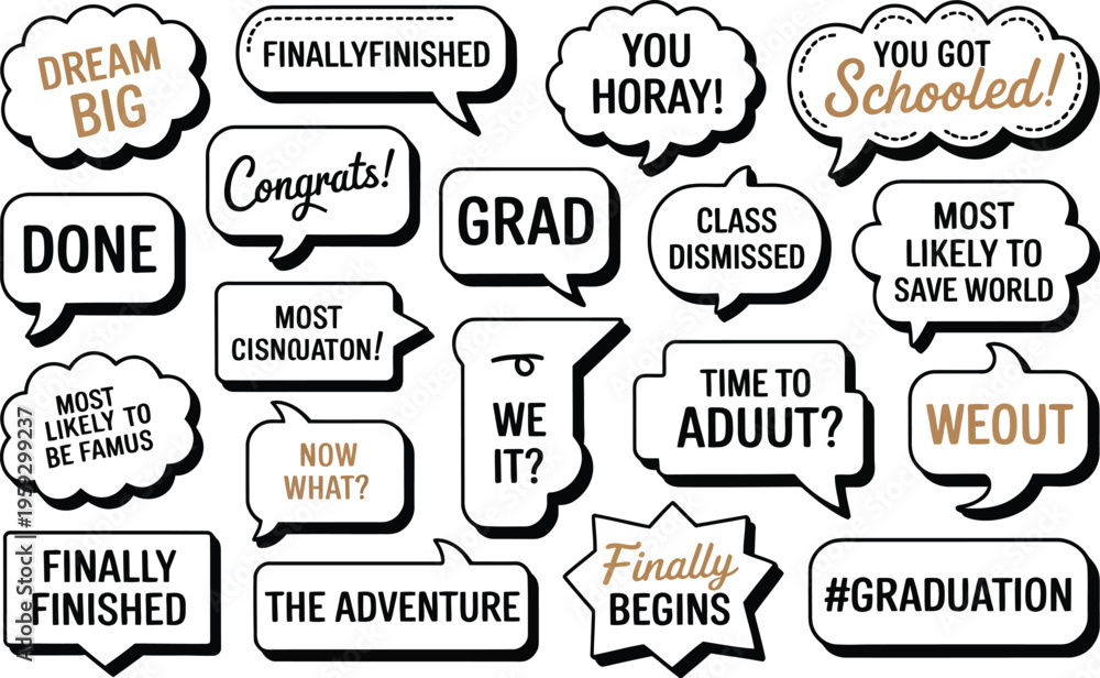 Obraz premium Graduation photo booth props set, fun collection of themed cutouts for graduation party photobooth featuring hats glasses signs and celebration elements.