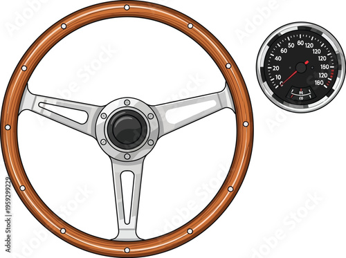 Classic wooden steering wheel with speedometer isolated on white background vintage car control concept