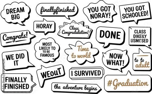 Graduation photo booth props set, playful collection of party photobooth accessories for graduation celebration including hats glasses and festive signs.