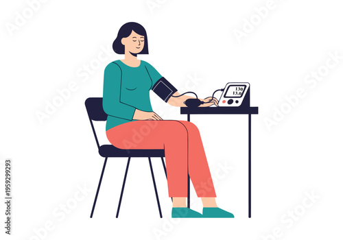 Patient checking blood pressure with electronic tonometer sitting at desk in medical room