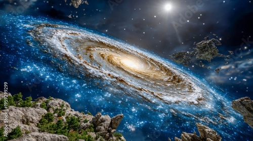 Journey through a vibrant galaxy filled with swirling stars and rocky formations, revealing the beauty of the cosmos in all its wonder