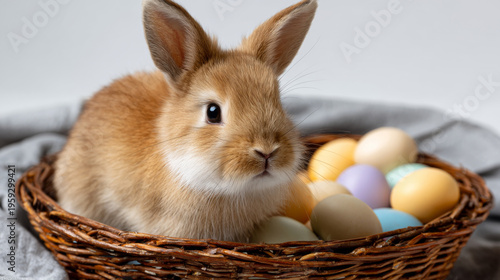 Cute fluffy rabbit sitting in a woven basket filled with colorful eggs during a joyful spring celebration
