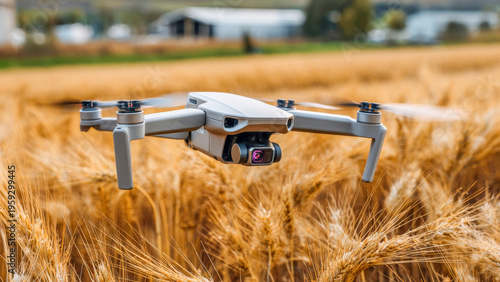 Flying drone captures golden wheat fields at harvest time, showcasing agricultural technology from above in a bountiful countryside setting