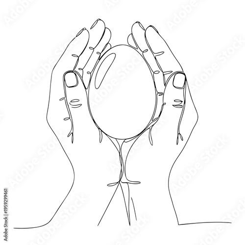 Minimalist one line egg drawing held in human hands, symbolizing new life. Clean one line egg art emphasizes continuity, gentle care. Conceptual one line egg illustration for growth, hope, potential.