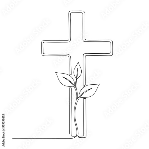 Elegant sprouting plant cross drawing in one continuous line, symbolizing spiritual growth. Minimalist sprouting plant cross design represents new life, resurrection, and hope.