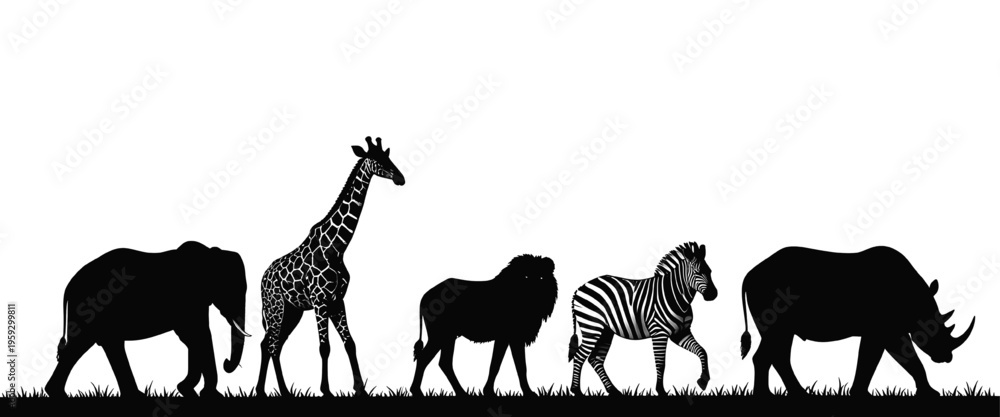 Fototapeta premium african safari animal silhouettes including elephant giraffe lion zebra and rhinoceros walking on grass landscape minimal wildlife illustration