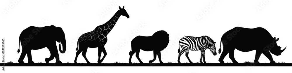 Obraz premium african safari animals silhouettes including elephant giraffe lion zebra and rhinoceros walking in line minimal wildlife illustration