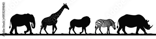 african safari animals silhouettes including elephant giraffe lion zebra and rhinoceros walking in line minimal wildlife illustration