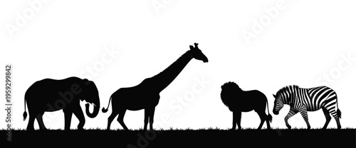 Photography African Animals Silhouette Row Safari Wildlife Wide Banner with Elephant Giraffe