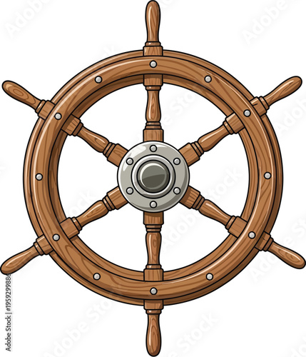 Wooden ship steering wheel isolated on white background nautical marine navigation concept