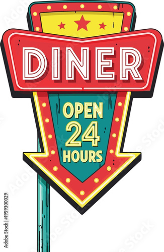 Retro diner sign with open 24 hours neon style vintage restaurant advertisement design