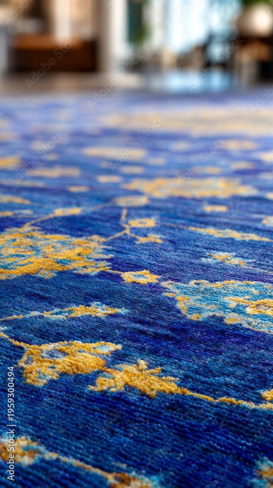 Fototapeta premium Vibrant blue and yellow patterns weave together on a stunning rug that brings warmth to a bright interior. The soft textures invite relaxation in this stylish area