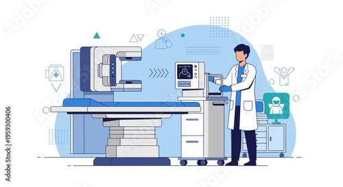 Doctor operating advanced medical imaging equipment in a modern clinic