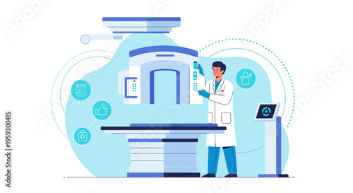 Doctor Operating Advanced Medical Radiation Therapy Machine for Cancer Treatment