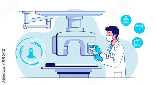 Doctor operating advanced medical scanner with digital interface and icons