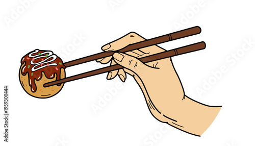 A hand holding chopsticks with a delicious takoyaki ball