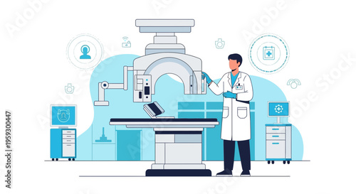 Doctor operating advanced radiation therapy machine for cancer treatment in clinic