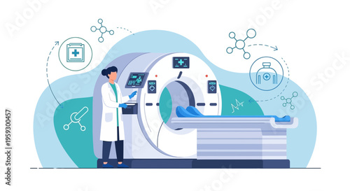 Doctor operating CT scanner for patient diagnosis in modern medical clinic