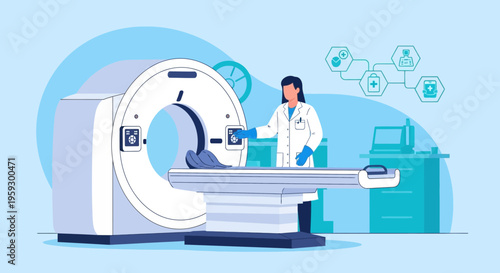 Doctor operating CT scanner in modern medical diagnostic center, advanced technology in healthcare