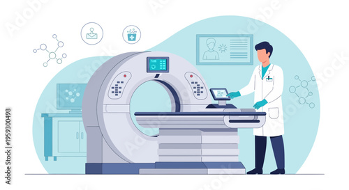 Doctor operating CT scanner in modern medical laboratory, advanced technology in healthcare