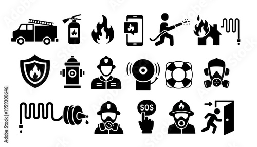 Firefighter icon set including rescue and emergency response symbols