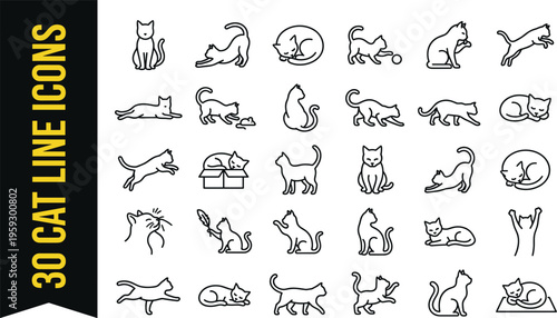 Large collection of thirty cat line icons featuring various feline poses playing sleeping jumping stretching and sitting for pet care branding and website design