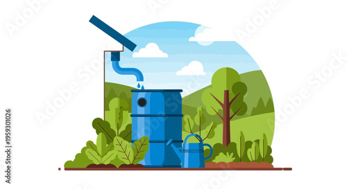 Blue rain barrel collecting water from downspout.