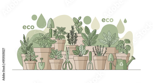 Collection of Potted Plants and Gardening Tools.