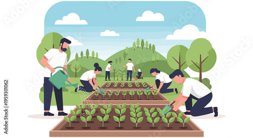 Community garden with people planting vegetables and watering plants.