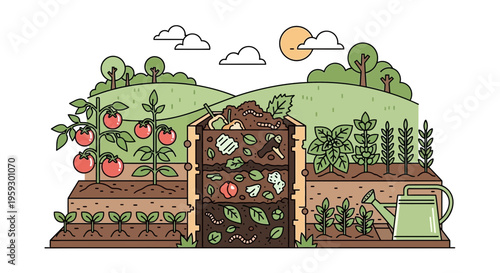 Compost bin with garden vegetables and fruits illustration.