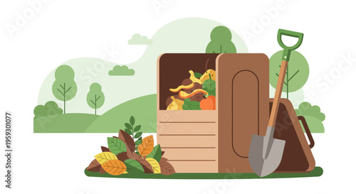Compost bin with garden waste and shovel.