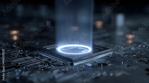 The concept of future data transmission using glowing energy beams emanating from microchips on circuit boards, cloud computing, data transfer, and advanced technological systems.
