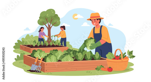 Family tending to a bountiful vegetable garden together.