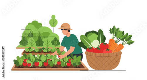 Farmer tending to a bountiful harvest of fresh vegetables.