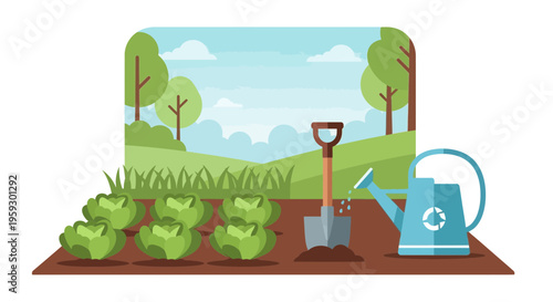 Garden bed with cabbage plants watering can and shovel.