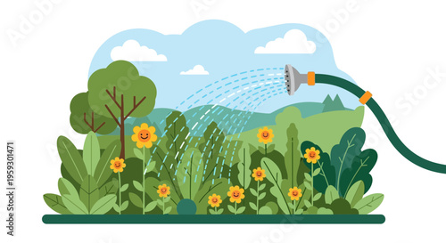 Gardening hose watering vibrant flowers and green plants.