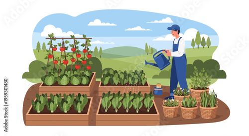 Gardener watering plants in a lush vegetable garden.