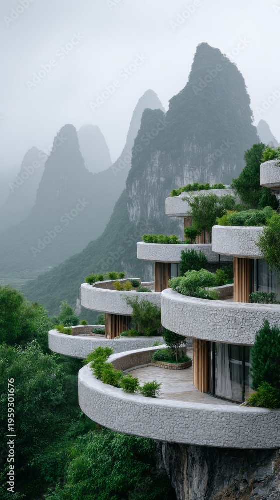 Fototapeta premium Curved terraces of a contemporary building stand against a backdrop of towering, mist-covered mountains. Lush greenery complements the elegant design, promoting relaxation in serene surroundings