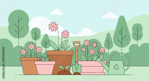 Gardening tools and potted plants illustration 2.
