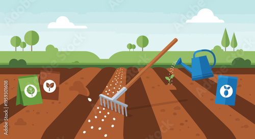 Gardening tools and seeds for planting in soil.