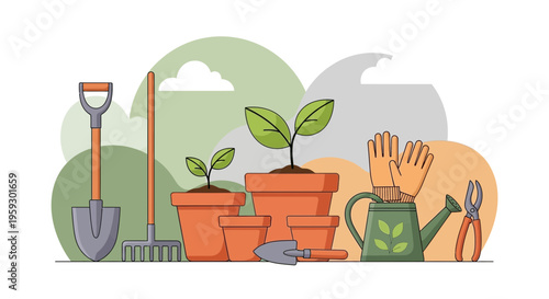 Gardening Tools and Young Plants in Pots.